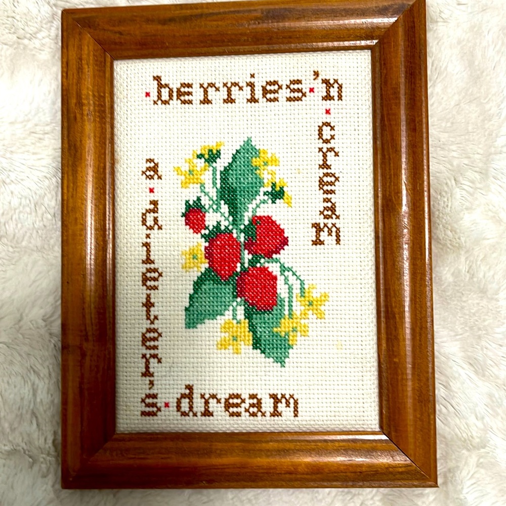 Vintage Cross-stitched Framed Artwork berries n cream a dieters dream.